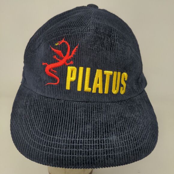 Pilatus Men's Strapback Hat Blue Corduroy Adjustable Embroidered Dragon Logo - Picture 3 of 10